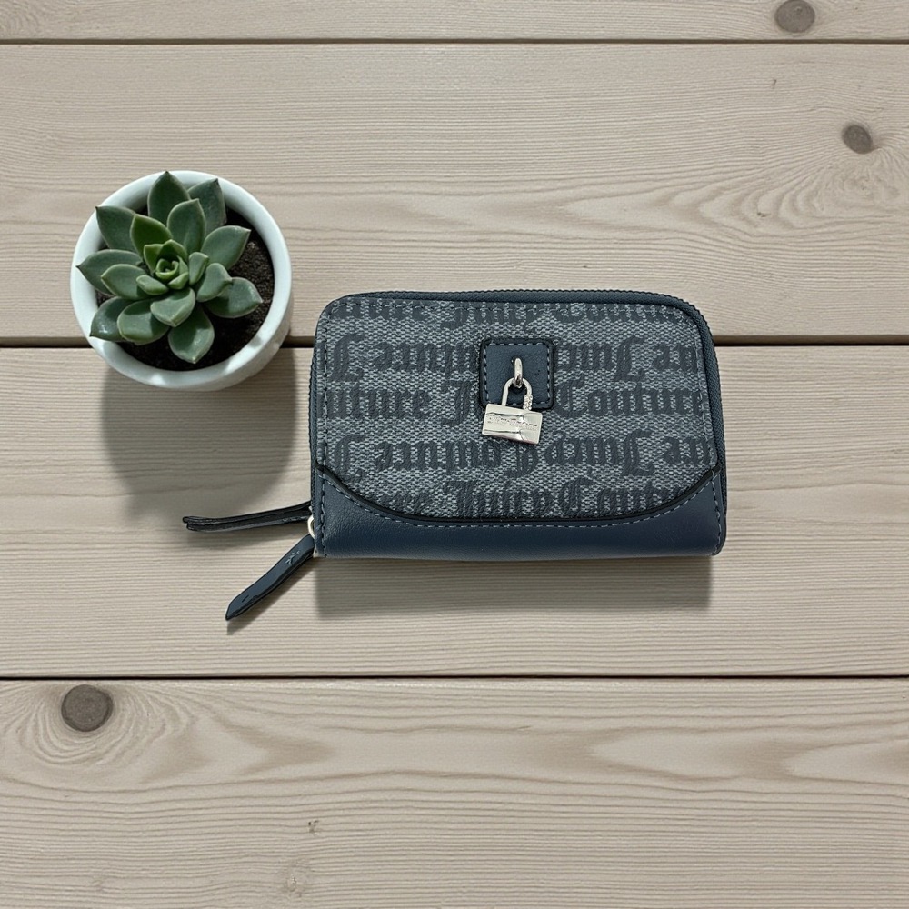 Juicy Couture Gothic Logo Zip Wallet‎ Padlock Charm Blue Bifold Y2K Mini Wallet